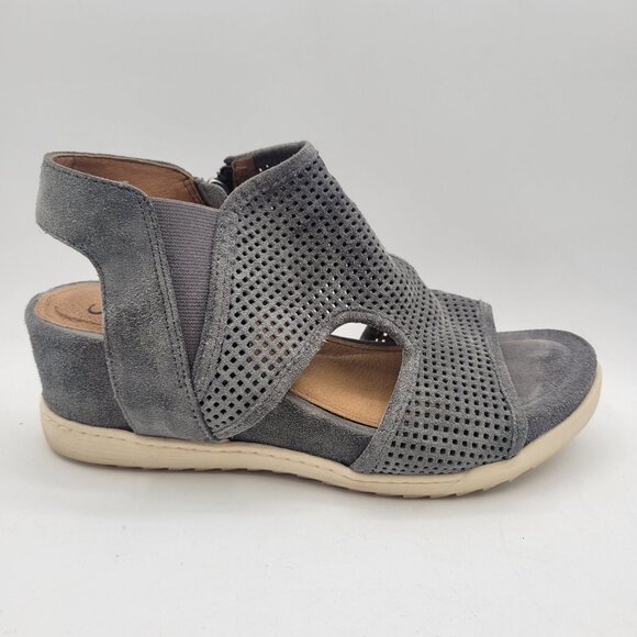 Sofft Shandi Sandals Gray Suede Open Toe Strappy Comfort Wedge Side Zip Womens 8 - Picture 2 of 11